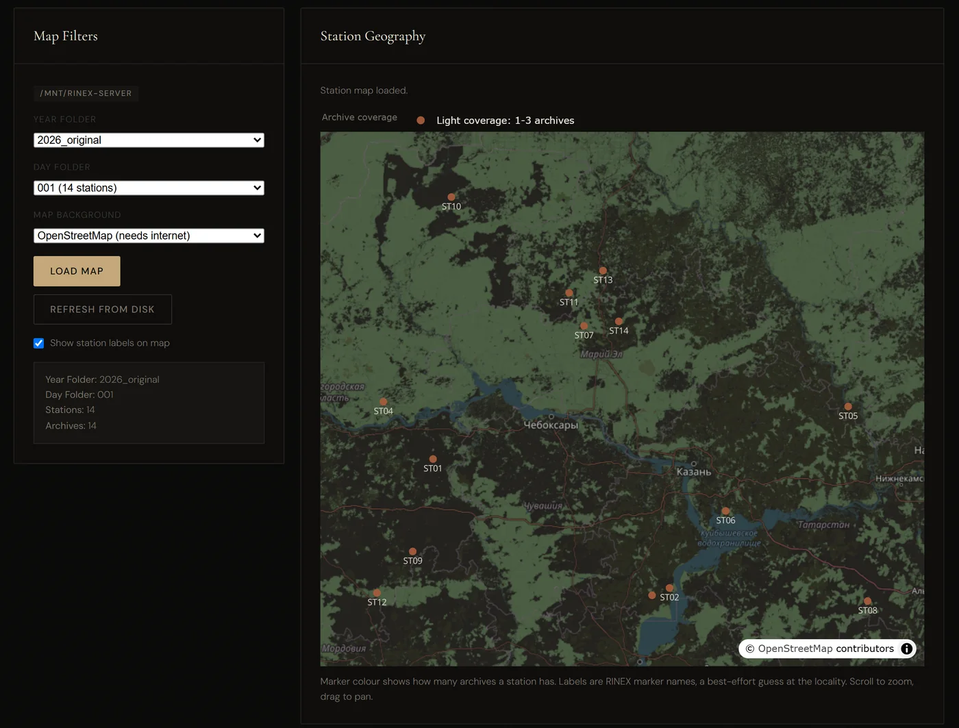 The Stations Map page: on the left, filters — year folder, day folder «001 (14 stations)», background «OpenStreetMap (needs internet)», load buttons; on the right, a map of the Volga region in the dark theme with fourteen orange markers ST01–ST14