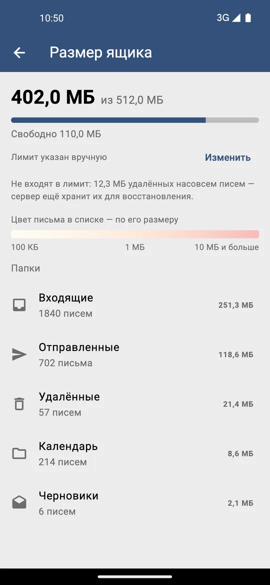 Экран «Размер ящика»: 402,0 МБ из 512,0 МБ, шкала цветов от 100 КБ до 10 МБ и список папок с размерами