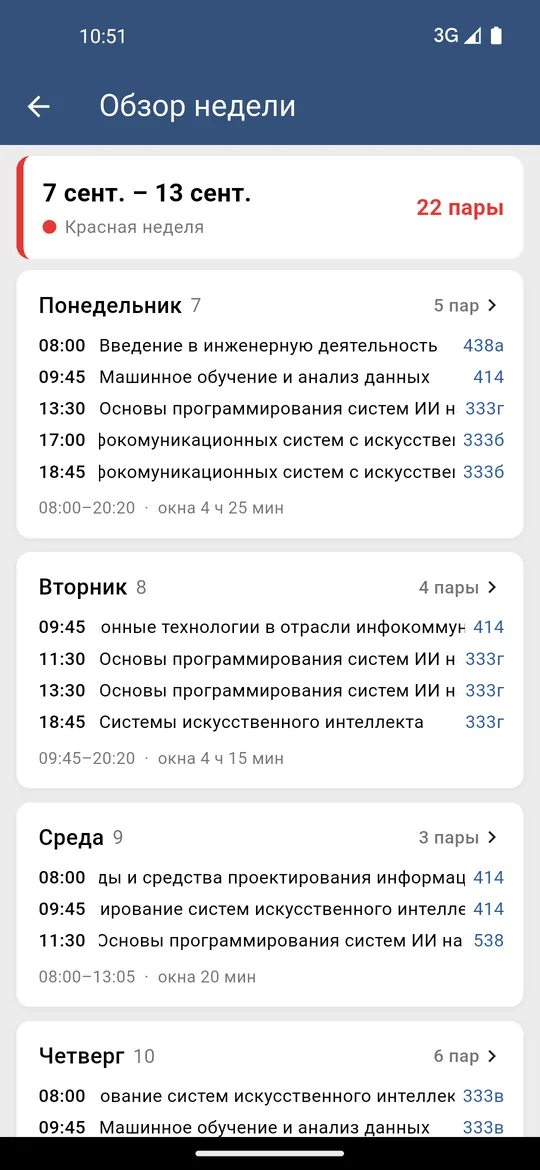 Экран обзора недели с карточками дней, числом пар и длительностью окон